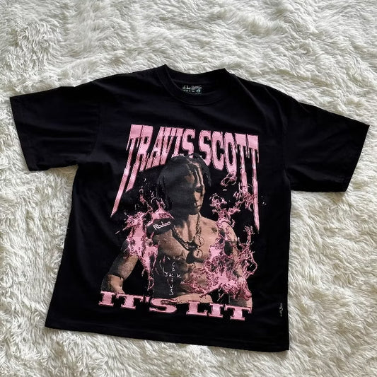 Oversized Crew Neck T-Shirt - Local Brand 4ART TRAVIS SCOTT ITS LIT - 2-Way Cotton, Silk-Screen Print, Unisex, Black